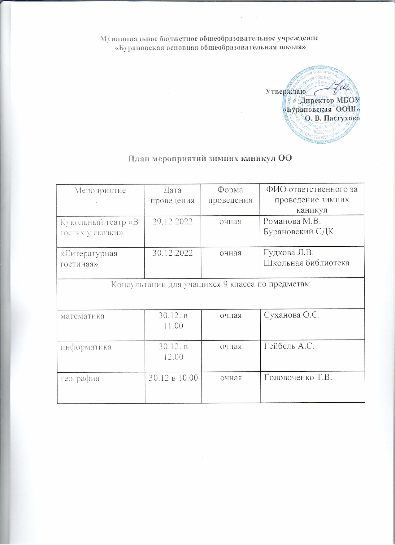 План мероприятий зимних каникул ОО.